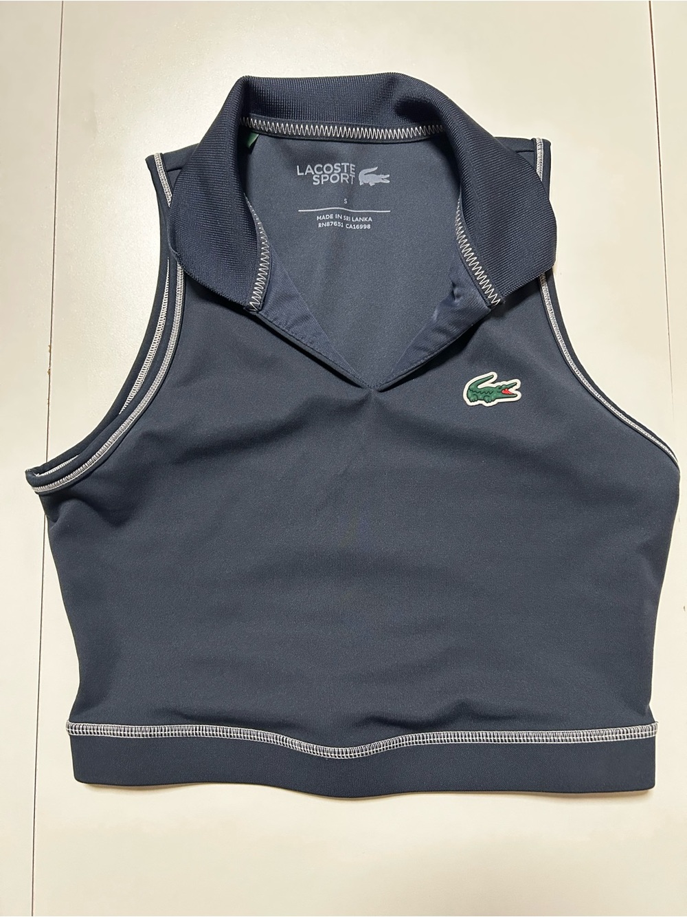 Lacoste Navy Sleeveless Polo Crop Top with Green Crocodile Logo